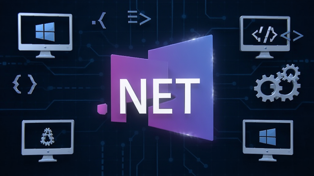 一张展示 Microsoft .NET Core 软件全貌的科技风格图片,画面中央是带有紫色渐变光泽的 .NET 标志,周围环绕着 Windows 电脑图标、代码符号与齿轮元素,背景为深蓝色科技网格,布局简洁居中,风格现代专业,细节清晰,画质高清,干净,无多余元素