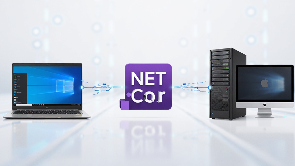 一张表现 Microsoft .NET Core 高性能跨平台特性的 AI 生图,画面左侧是 Windows 笔记本,中间是紫色 .NET Core 标志,右侧是 Linux 服务器与苹果电脑,三者之间用发光数据线连接,背景为浅色科技渐变,风格简洁商务,画质高清,干净,无多余元素