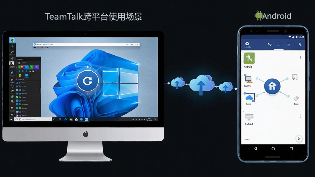 TeamTalk跨平台使用场景,主体为电脑与手机并排展示TeamTalk界面,布局左侧为Windows客户端,右侧为Android客户端,排版对称,风格现代科技,细节包含同步图标、云端连接线条、设备边框,画质高清,干净,无多余元素