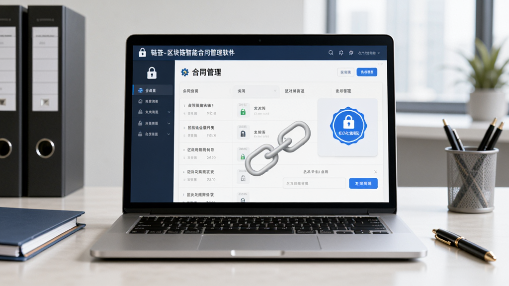 画面主体为一台打开的笔记本电脑,屏幕上显示链签-区块链智能合同管理软件的合同管理界面,界面中有合同列表和区块链存证标识,布局为电脑居中放置在办公桌面上,周围有文件夹和签字笔,排版采用横版构图,风格为现代商务科技感,细节包括屏幕上的锁形图标和链式连接图案,画质清晰,干净,无多余元素