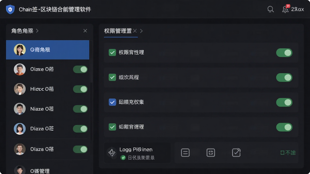 画面主体为链签-区块链智能合同管理软件的权限管理设置面板,布局为左侧角色列表与右侧权限勾选框,排版为左右分栏,风格为深色专业管理界面,细节包括角色头像、权限开关按钮和日志记录图标,画质清晰,干净,无多余元素