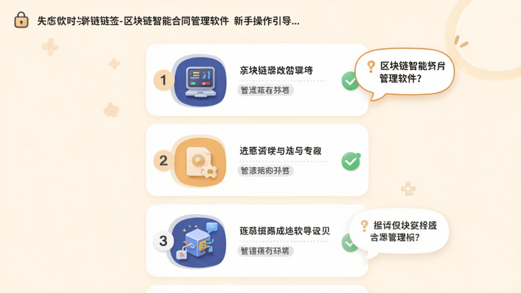 画面主体为链签-区块链智能合同管理软件的新手操作引导界面,布局为分步骤的图文指引卡片,排版为纵向列表,风格为温馨友好的教学风格,细节包括步骤序号、勾选标记和提示气泡,画质清晰,干净,无多余元素