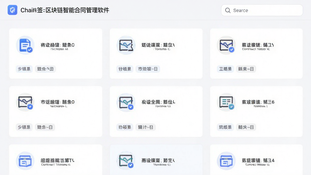 画面主体为链签-区块链智能合同管理软件的模板库界面,布局为网格状排列的合同模板卡片,每张卡片上有不同的合同类型图标和文字标签,排版为三列网格,风格为清新简约的办公软件风格,细节包括卡片上的分类标签和搜索框,画质清晰,干净,无多余元素