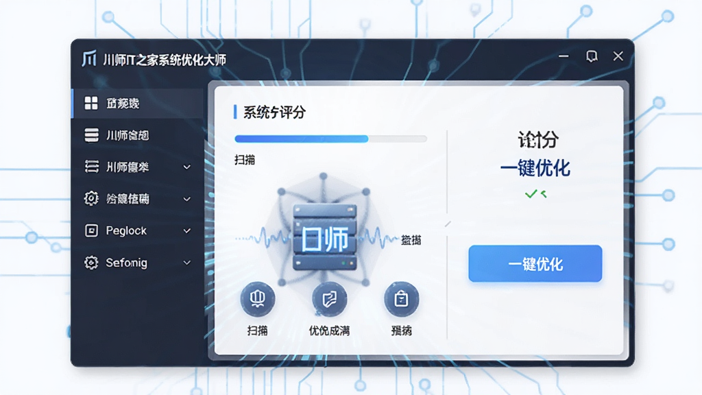 一张展示川师IT之家系统优化大师软件主界面的图片,画面中央是软件主窗口,左侧为功能导航栏,右侧为系统评分与一键优化按钮,整体布局清晰,排版规整,风格为现代科技感,细节包括进度条、扫描动画、功能图标,画质高清,干净,无多余元素