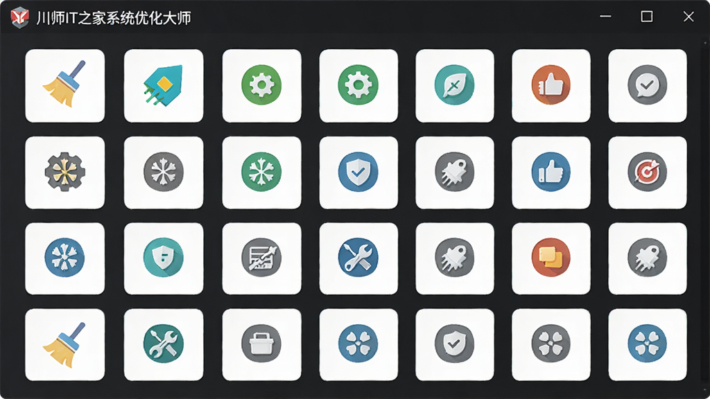 一张展示川师IT之家系统优化大师软件功能模块概览的图片,画面主体为软件功能图标矩阵,布局为网格状排列,排版整齐,风格为扁平化设计,细节包括清理、优化、加速、修复等图标,画质高清,干净,无多余元素