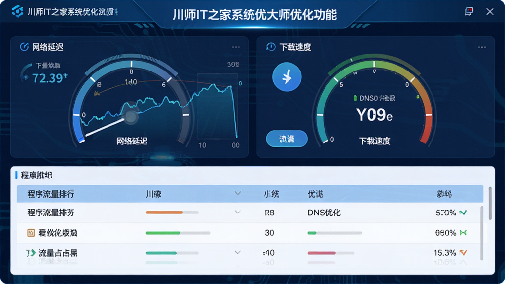 一张展示川师IT之家系统优化大师网络优化功能的图片,画面主体为网络状态监测面板,布局为上方网络延迟与下载速度仪表盘、下方程序流量排行列表,排版规整,风格为科技蓝调,细节包括实时网速曲线、DNS优化按钮、流量占用百分比,画质高清,干净,无多余元素