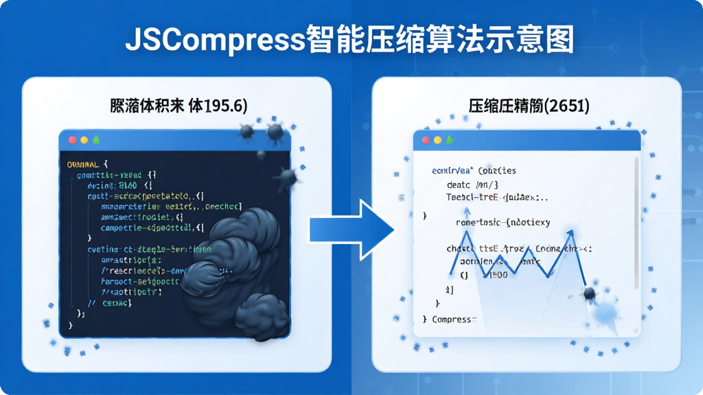 JSCompress智能压缩算法示意图,主体为代码从臃肿到精简的对比展示,布局为左右对照,排版清晰直观,风格为科技蓝简约风,细节包含原始代码块与压缩后代码块的体积对比数字,画质高清,画面干净无多余元素