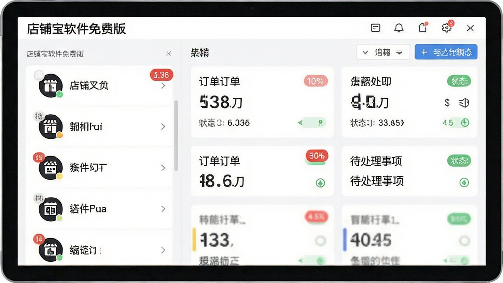 一张软件功能展示图,画面中显示“店铺宝软件免费版”的多店铺管理面板,左侧列出多个店铺头像与名称,右侧显示对应订单数量与待处理事项,整体布局为左右分栏,风格简约清爽,细节包含数字角标与状态标签,画质清晰,无多余元素