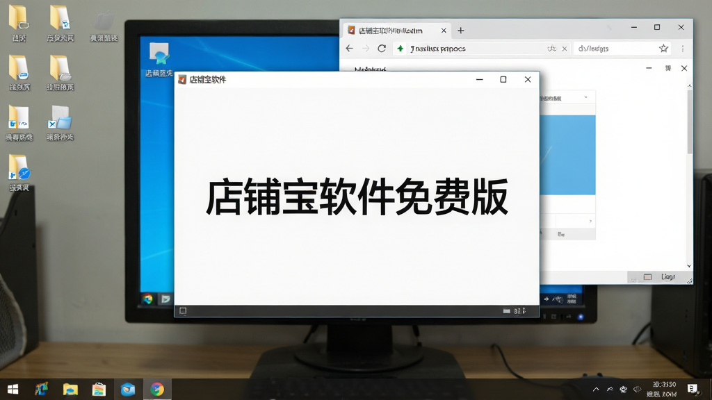 一张电脑桌面场景图,画面中显示“店铺宝软件免费版”正在运行,窗口位于桌面中央,旁边有文件夹与浏览器窗口,整体布局自然,风格写实,细节包括任务栏图标与窗口阴影,画质清晰,无多余元素