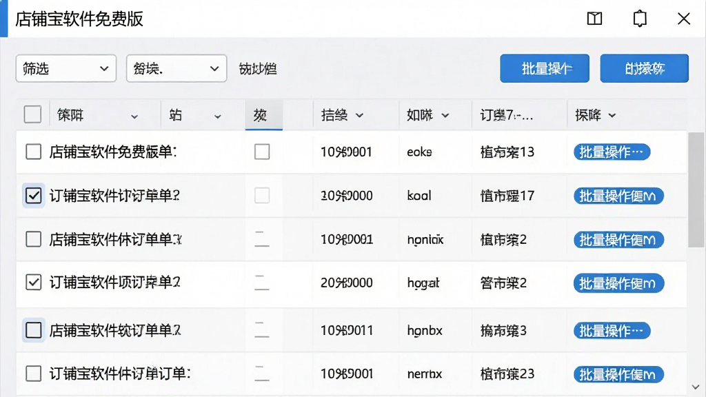 一张软件操作界面图,画面展示“店铺宝软件免费版”的订单批量处理页面,表格中列出多条订单记录,顶部有筛选条件与批量操作按钮,整体采用浅灰色背景与蓝色高亮,布局紧凑,细节包括复选框与操作提示,画质清晰,无多余元素