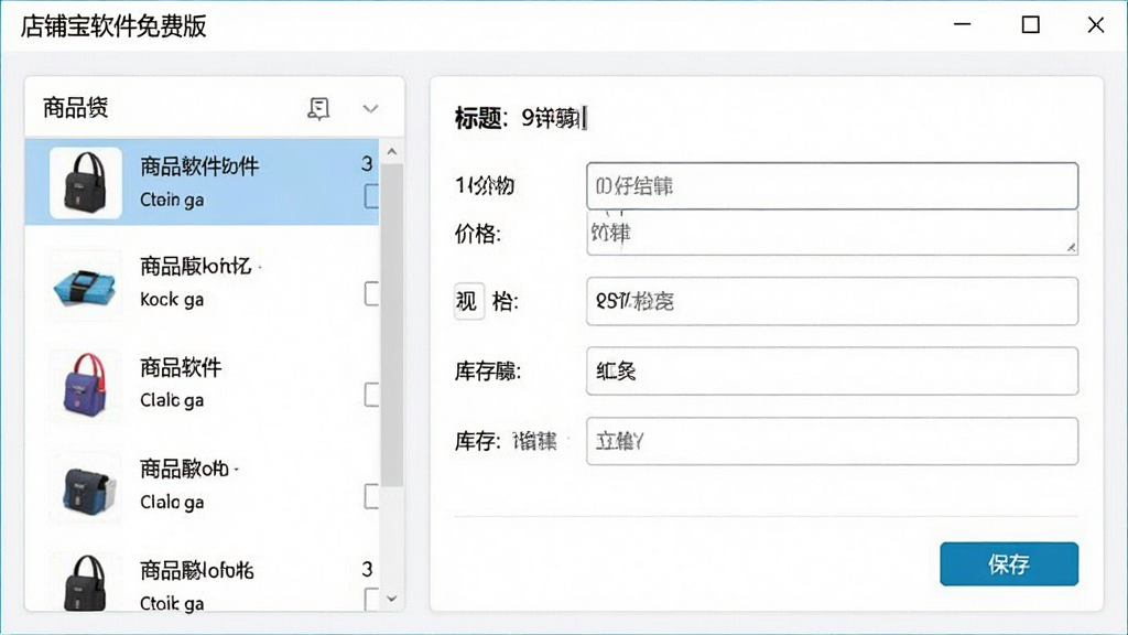 一张软件功能截图,画面中显示“店铺宝软件免费版”的商品编辑窗口,左侧为商品列表,右侧为标题、价格、库存等编辑字段,整体采用白色卡片式布局,风格干净利落,细节包括输入框与保存按钮,画质清晰,无多余元素