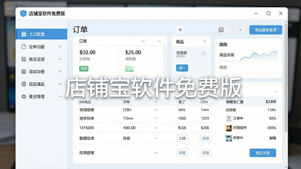 一张干净的软件界面预览图,画面中央是“店铺宝软件免费版”主界面,左侧为功能导航栏,右侧为订单与商品数据看板,整体采用浅蓝与白色配色,布局整齐,风格简洁商务,细节包括图标、表格与按钮,画质清晰,无多余元素