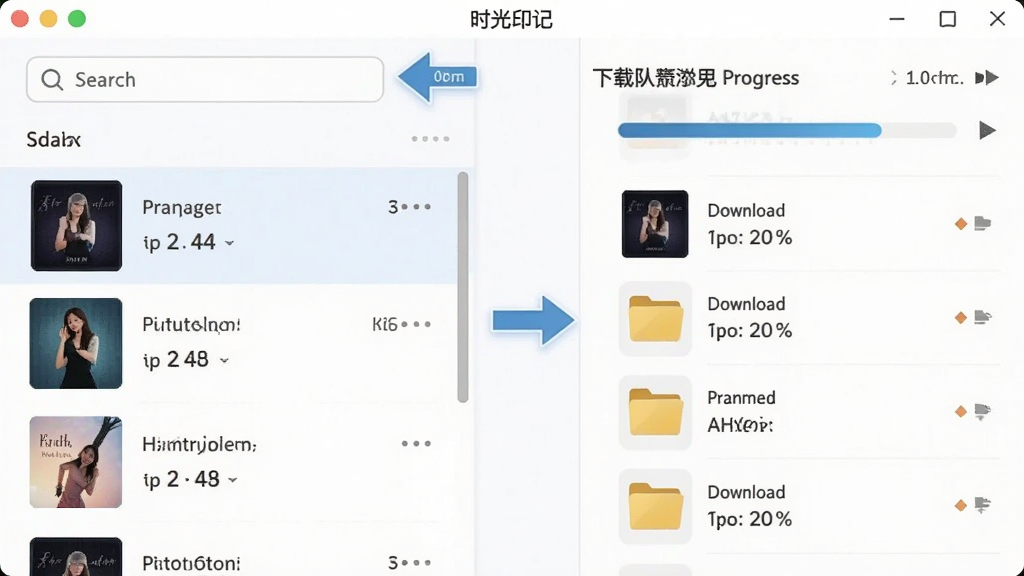 画面主体为时光印记软件界面截图风格插画,左侧是搜索栏和歌曲列表,右侧是下载队列进度条,中间有箭头表示批量添加动作,布局为左右分栏式,风格为清爽的UI概念图,细节包含歌曲封面缩略图、下载速度数值、文件夹图标,画质清晰,干净,无多余元素