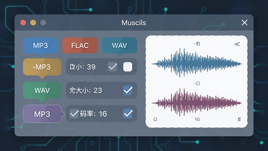画面中央展示一个音乐文件格式选择面板,面板上有MP3、FLAC、WAV等格式标签,旁边有音质波形图对比,主体突出面板,布局为居中特写,风格为科技感扁平设计,细节包含文件大小数值、码率标识、勾选状态,画质清晰,干净,无多余元素