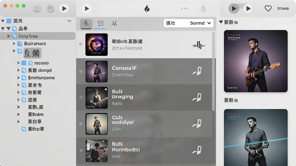 画面展示一个音乐库管理界面,左侧是歌单分类树,中间是歌曲列表,右侧是专辑封面展示区,主体为软件界面,布局为三栏式,风格为现代简约风,细节包含播放按钮、收藏心形图标、排序下拉菜单,画质清晰,干净,无多余元素
