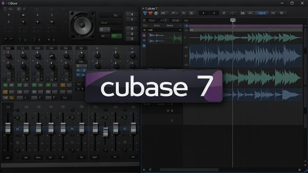 Cubase 7 软件启动界面,深色专业音频工作站风格,中央显示 Cubase 7 标志,背景为虚拟调音台与波形编辑窗口,布局简洁大气,风格写实科技感,细节包括推子、旋钮、音频波形,画质清晰,干净,无多余元素