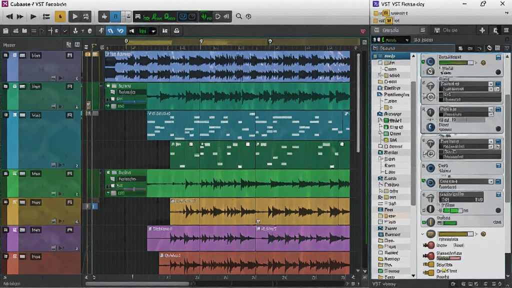 Cubase 7 工程窗口与 VST 插件管理界面,画面展示多轨道编曲工程,包含音频波形、MIDI 片段、文件夹轨道,右侧为 VST 插件列表,风格专业音乐制作软件,细节包括轨道颜色、波形显示、插件名称,画质清晰,干净,无多余元素