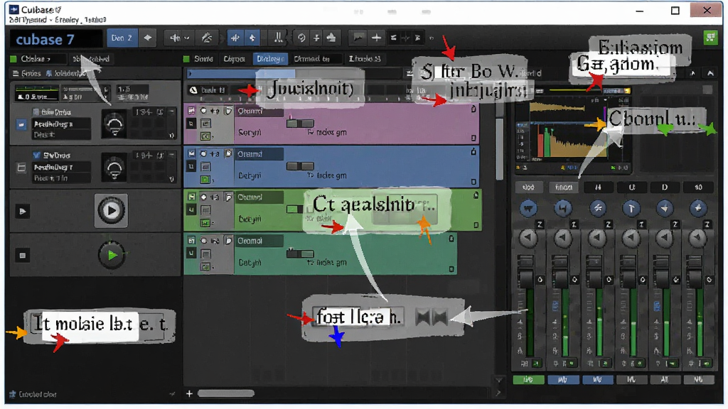 Cubase 7 新手操作界面指引图,画面展示软件主窗口,标注音频设备设置、轨道添加、录音按钮、混音台入口等关键区域,风格教程示意图,细节包括箭头标注、文字说明框,画质清晰,干净,无多余元素