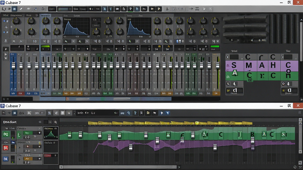 Cubase 7 调音台与和弦轨道功能展示,画面分为上下两部分,上方为全屏 MixConsole 调音台界面,下方为和弦轨道编辑区域,风格专业音频软件界面,细节包括推子、EQ 曲线、和弦符号,画质清晰,干净,无多余元素