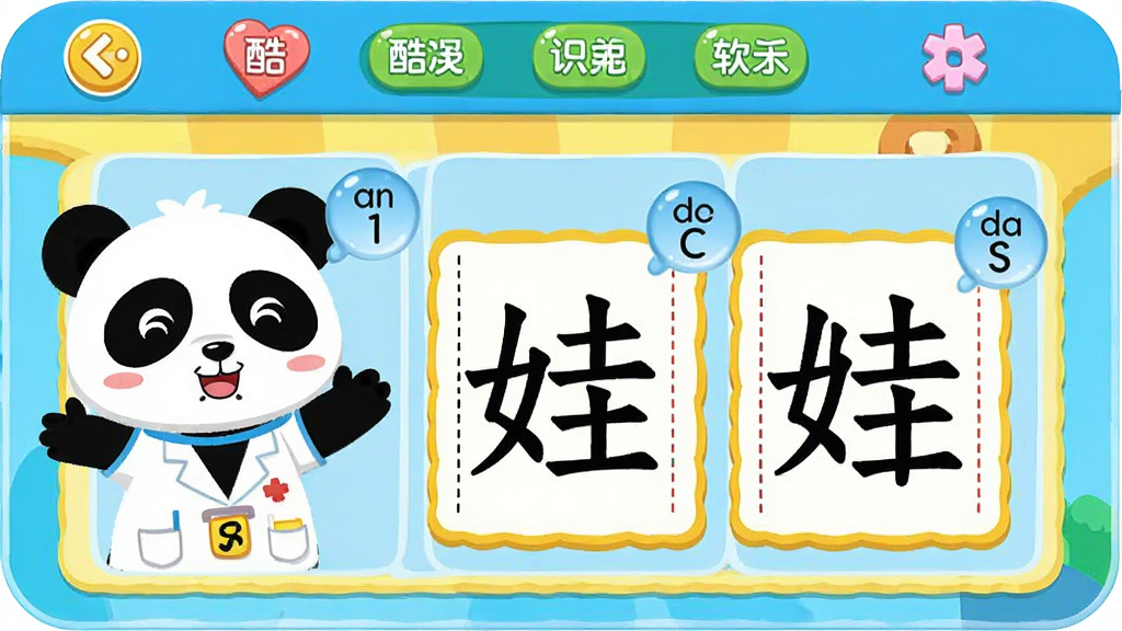 酷娃识字 软件主界面全景展示,主体是色彩明快的卡通风格儿童学习面板,布局为顶部导航栏与中央汉字卡片互动区,排版简洁有序,风格为扁平化卡通插画,细节上包含可爱的熊猫博士形象、悬浮的拼音气泡与汉字笔画描红区域,画质为高清矢量图,干净明亮,无多余元素