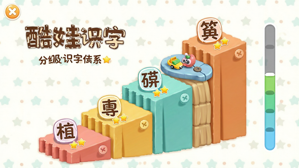 酷娃识字 分级识字体系界面展示,主体是阶梯式上升的汉字学习路径图,布局为纵向排列的关卡节点与侧边进度条,排版清晰有层次,风格为清新童趣的卡通风格,细节上包含每个关卡节点旁的汉字小图标与星星评分,画质高清,干净整洁,无多余元素
