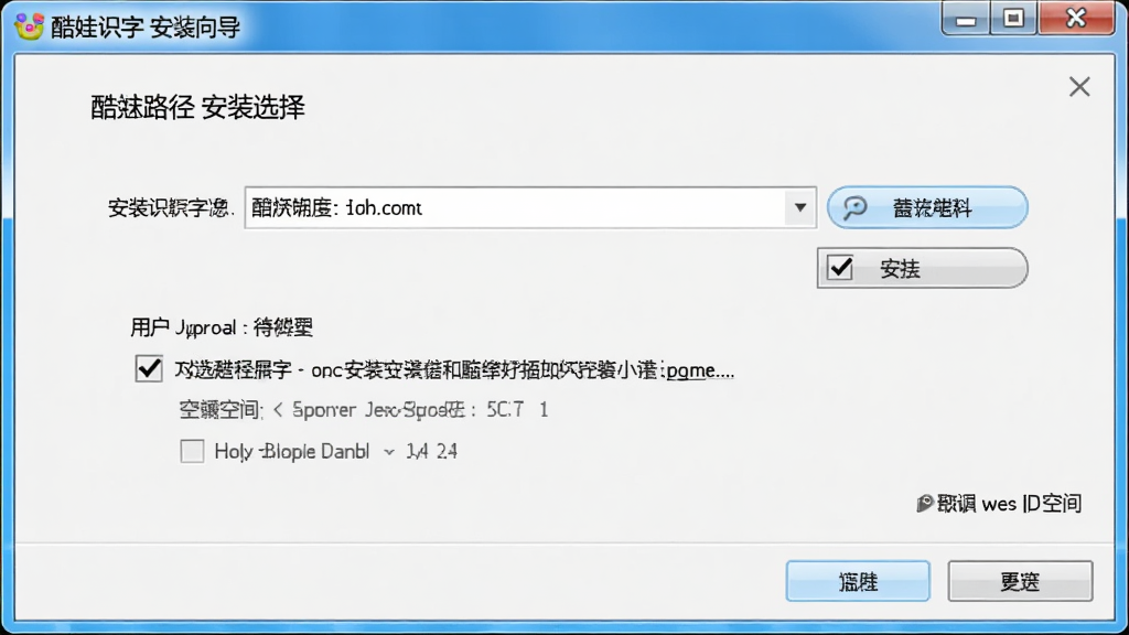 酷娃识字 电脑端安装向导界面截图,主体是安装路径选择与用户协议勾选页面,布局为典型的Windows安装向导窗口,排版规整,风格为简洁的软件安装界面,细节上包含清晰的浏览按钮与磁盘空间提示,画质高清,干净无多余元素
