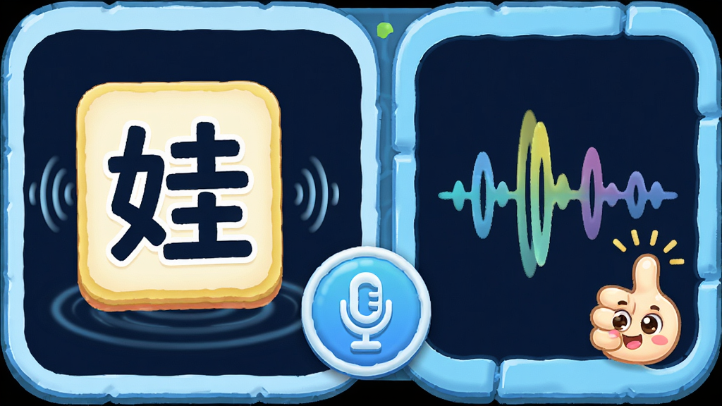 酷娃识字 语音跟读互动界面,主体是汉字卡片与麦克风图标组合,布局为左侧汉字展示区与右侧发音波形反馈区,排版对称平衡,风格为活泼的卡通科技风,细节上包含声波涟漪动画与可爱的点赞手势图标,画质高清,干净无杂乱元素