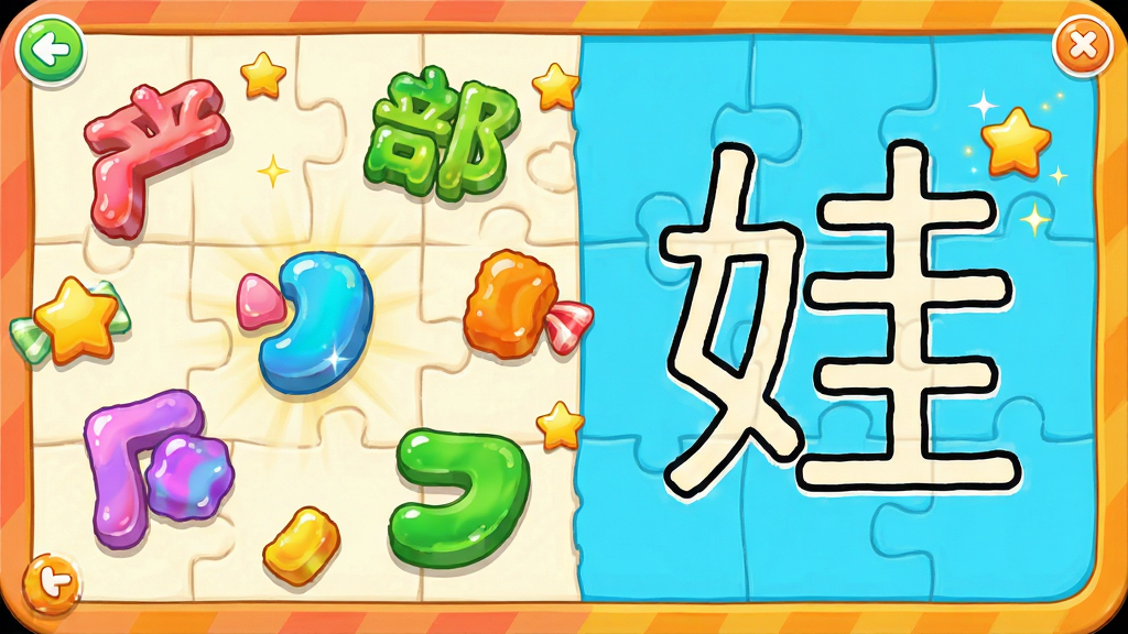 酷娃识字 趣味互动游戏界面,主体是汉字拼图游戏场景,布局为散落的偏旁部首与右侧完整的汉字轮廓,排版错落有致,风格为鲜艳明快的儿童插画风,细节上包含五彩缤纷的糖果色块与闪烁的星星奖励特效,画质高清,干净无多余元素
