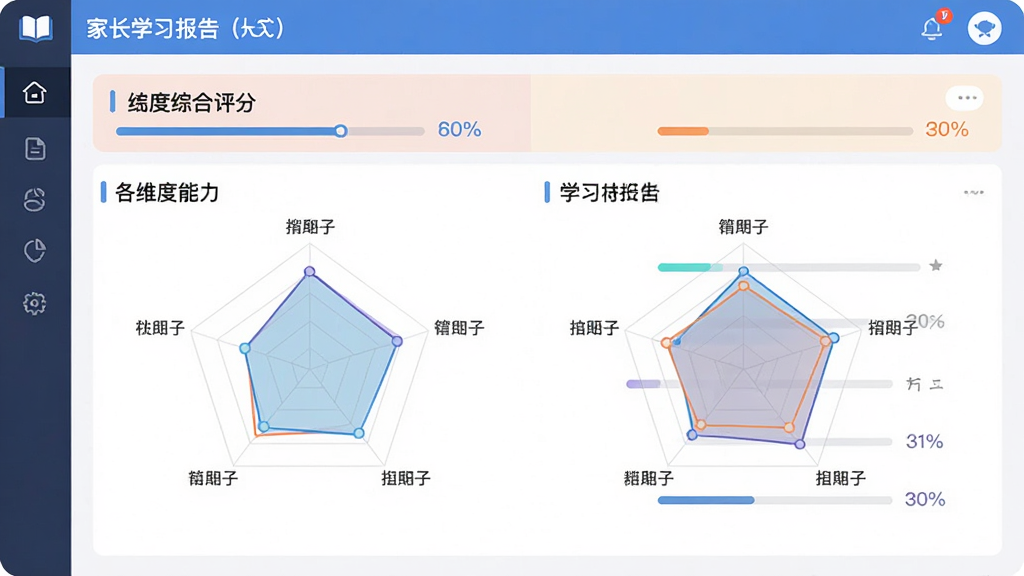 酷娃识字 家长学习报告界面,主体是数据图表与学习时长统计,布局为顶部综合评分与下方各维度能力雷达图,排版专业清晰,风格为简洁的商务数据风,细节上包含柔和的色彩分区与直观的进度条,画质高清,干净无多余元素