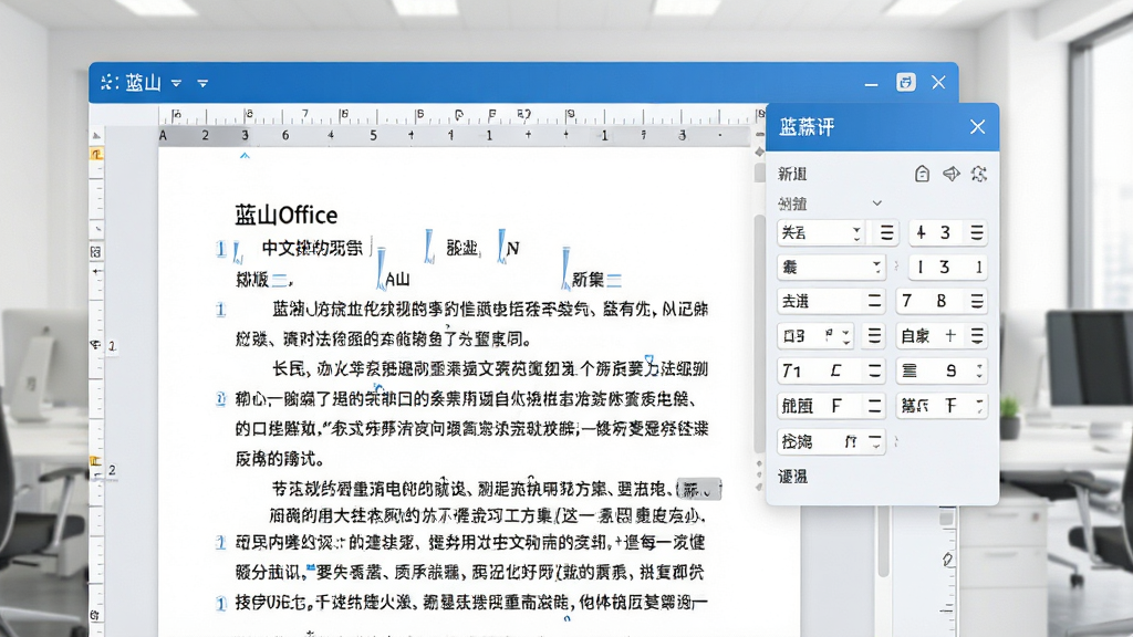 一张展示蓝山Office中文排版功能的图片,画面中是一篇中文文档的编辑界面,段落缩进和行距设置面板处于打开状态,文字排列整齐规范,界面采用蓝白配色,背景为干净的办公环境,风格为软件功能细节展示,细节包括段落标记、标尺、字体设置选项等,画质清晰,干净,无多余元素