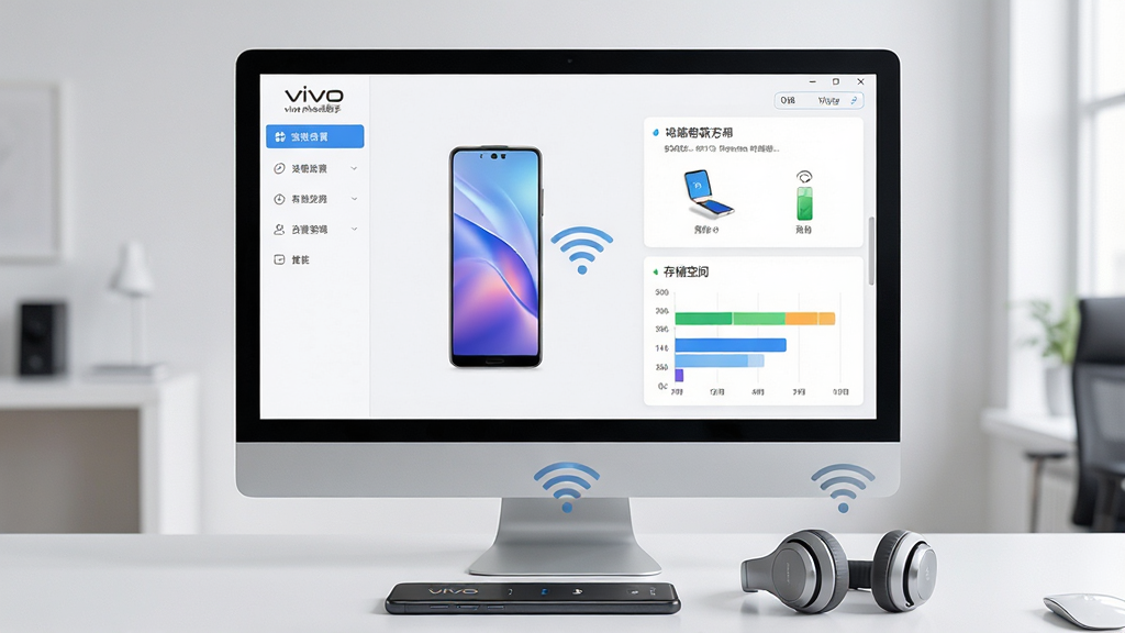 一张展示vivo手机助手软件主界面的图片,画面中央是电脑屏幕,屏幕内显示vivo手机助手清爽的浅色界面,左侧是功能导航栏,右侧是手机设备连接状态与存储空间可视化图表,屏幕前方摆放着一台vivo手机和一副耳机,整体布局简洁商务,风格现代科技感,细节上突出电脑与手机之间的无线连接图标,画质高清,干净,无多余元素