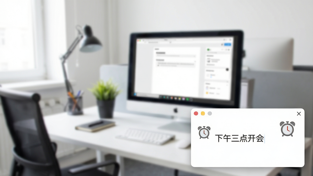 一张YNotes桌面便签提醒功能展示图,画面中电脑屏幕右下角弹出一个提醒窗口,窗口内显示便签内容“下午三点开会”,旁边有闹钟图标,桌面背景为办公场景,整体风格简洁明了,布局合理,画质清晰,干净无多余元素