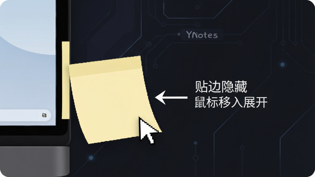 一张YNotes桌面便签贴边隐藏功能的示意图,画面左侧屏幕边缘有一条细长的便签边缘,鼠标指针正移向该区域,便签即将展开显示完整内容,桌面背景为深色系,便签为浅黄色,画面中有箭头标注“贴边隐藏”“鼠标移入展开”等文字说明,风格简洁科技感,布局清晰,画质清晰,干净无多余元素