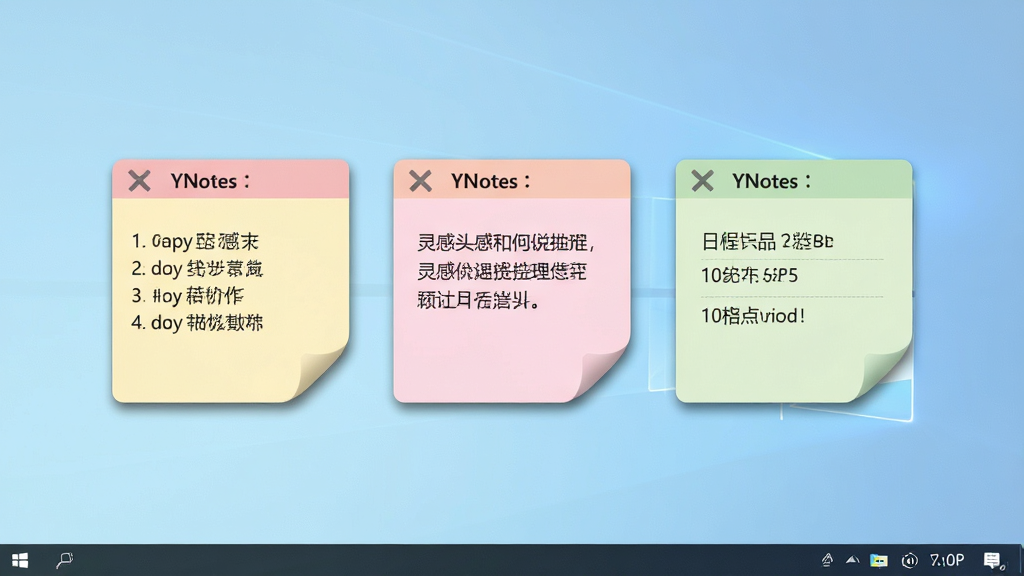一张干净整洁的Windows电脑桌面截图,画面中央摆放着三张色彩柔和的YNotes桌面便签,便签上分别写着待办事项、灵感短句和日程提醒,便签边缘带有轻微阴影与圆角,桌面背景为浅蓝渐变,右下角有软件托盘图标,整体布局简洁有序,风格现代清新,细节清晰,画质1080P,画面干净无多余元素