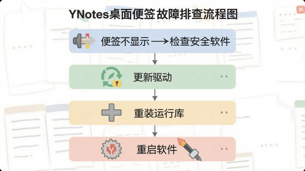 一张YNotes桌面便签故障排查流程图,画面以简洁的步骤图形式展示“便签不显示→检查安全软件→更新驱动→重装运行库→重启软件”的排查路径,每一步配有对应小图标,整体布局纵向排列,风格扁平化,配色柔和,画质清晰,干净无多余元素