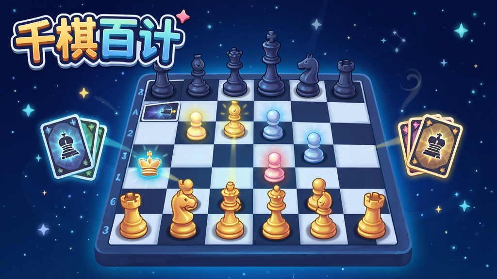 一幅展示千棋百计游戏主界面的数字插画,画面中央是卡通风格的国际象棋棋盘,棋盘上散落着发光棋子与卡牌,背景为深蓝色星空,左上角带有“千棋百计”艺术字标题,整体风格明快活泼,画质清晰干净,无多余元素