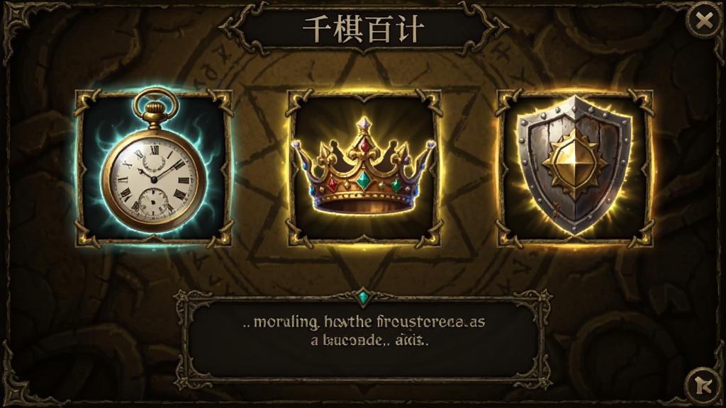 千棋百计游戏中的遗物选择界面,画面中央展示三个发光遗物图标,分别为怀表、王冠和盾牌,下方有文字说明框,背景为暗金色纹理,风格神秘复古,画质精细,无多余元素