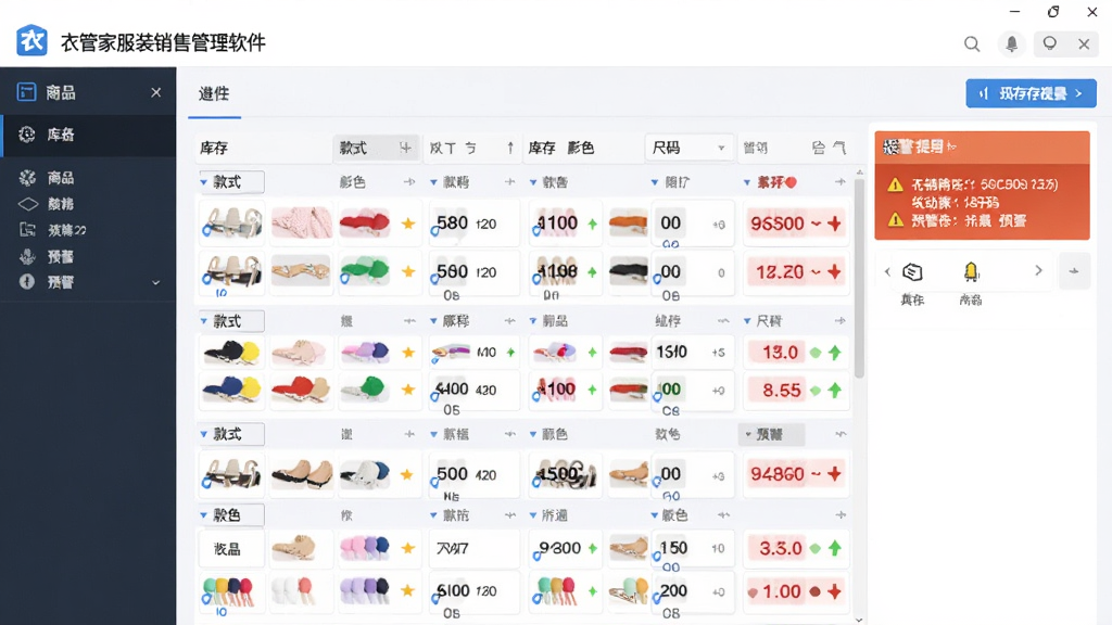 衣管家服装销售管理软件进销存管理功能界面,画面展示库存列表与预警提示,界面中商品按款式颜色尺码分类排列,库存数量与预警状态一目了然,采用蓝白配色,风格专业简洁,画质清晰,干净无多余元素