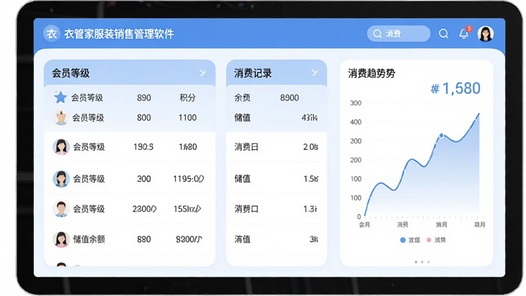 衣管家服装销售管理软件会员管理界面,画面展示会员列表与消费记录,界面中显示会员等级、积分、储值余额等信息,右侧有消费趋势图表,采用柔和圆角设计,蓝白配色,风格清新,画质清晰,干净无多余元素