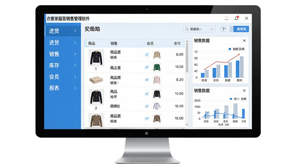 衣管家服装销售管理软件主界面全貌展示,画面中央为软件操作界面,左侧导航栏清晰列出进货、销售、库存、会员、报表等模块,右侧主工作区显示商品列表与销售数据图表,整体布局整洁有序,采用清爽的蓝白配色,界面中文字使用中文,风格简洁专业,细节丰富,画质清晰,干净无多余元素