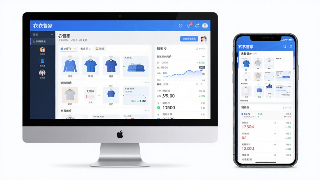 衣管家服装销售管理软件多端协同使用场景,画面展示电脑屏幕与手机屏幕并排显示同一软件界面,数据同步展示,界面中显示库存与销售信息,采用现代科技风格,蓝白配色,画质清晰,干净无多余元素
