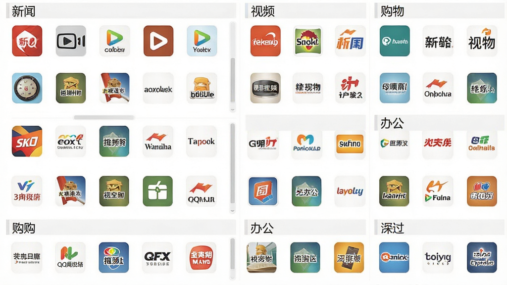 一张QQ导航网址分类页面的示意图,主体为多行多列的网站图标网格,布局按新闻、视频、购物、办公等类别分区,排版规整,风格扁平化设计,细节包含各类知名网站标识,画质清晰,画面干净,无多余元素