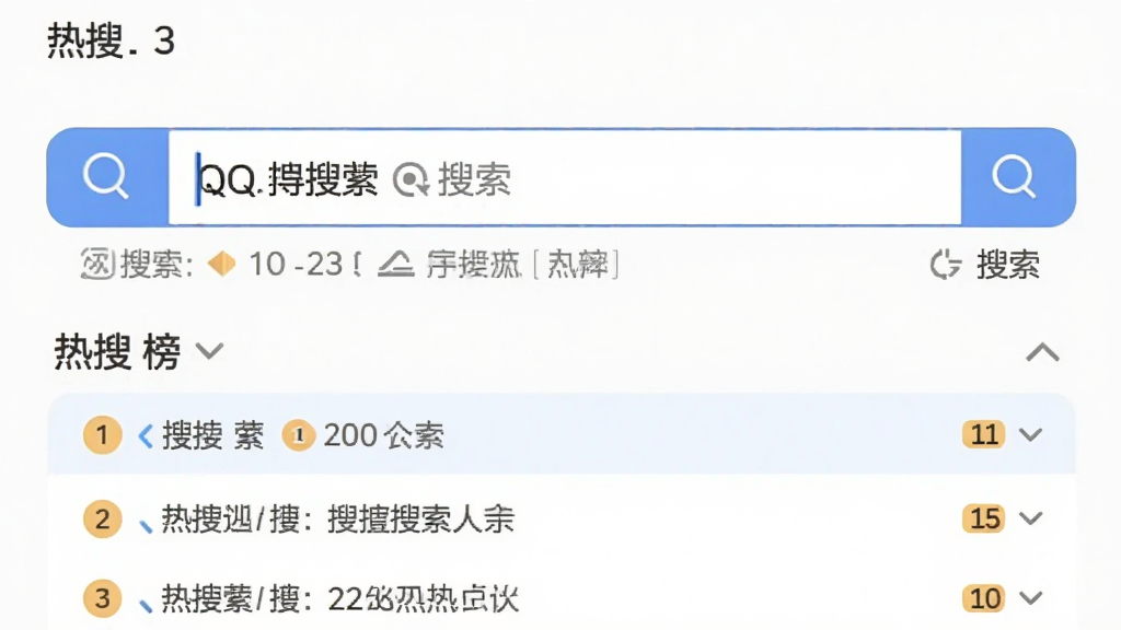 一张QQ导航顶部搜索框与热搜榜区域的细节图,主体为搜索输入框与下方滚动热搜列表,布局居中横向排列,排版简洁,风格轻量化,细节包含搜索按钮、搜索引擎切换标识、热搜排名数字,画质清晰,画面干净,无多余元素