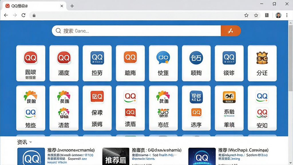 一张展示QQ导航主页全貌的电脑屏幕截图,主体为浏览器窗口内整齐排列的网址导航卡片,布局分为顶部搜索框、中部网站分类图标区、底部资讯推荐区,排版紧凑清晰,风格简洁现代,细节包含各类网站图标和分类标签,画质高清,画面干净,无多余元素
