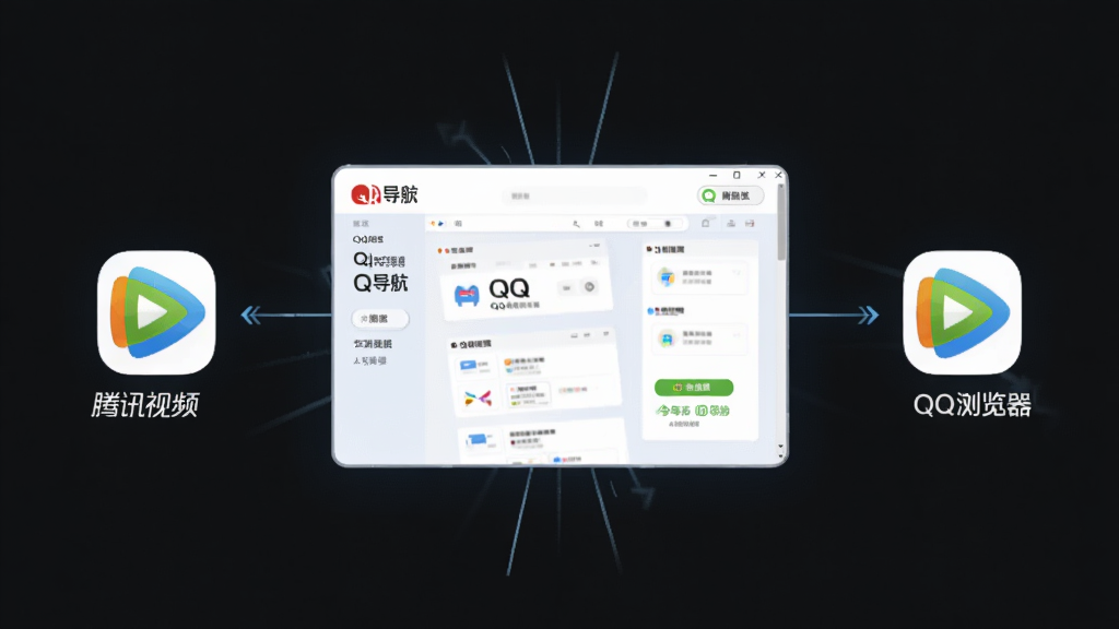 一张展示QQ导航与腾讯系产品联动的概念图,主体为QQ导航页面与QQ浏览器、腾讯视频图标通过线条连接,布局中心辐射式,排版对称,风格科技感扁平化,细节包含账号登录状态标识、同步箭头,画质高清,画面干净,无多余元素