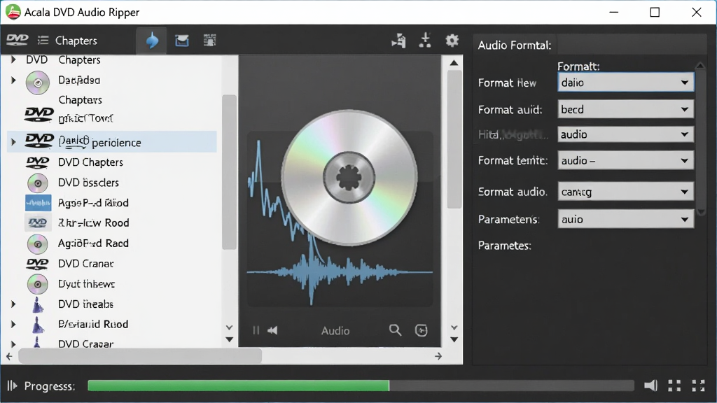 一张展示 Acala DVD Audio Ripper 软件界面的图片,主体为电脑屏幕中运行的软件窗口,布局上左侧为DVD章节列表,右侧为音频格式与参数设置面板,底部显示转换进度条。排版清晰,风格为现代软件界面截图风格,细节包括DVD光盘图标、音频波形图标、格式下拉菜单,画质清晰,干净,无多余元素。