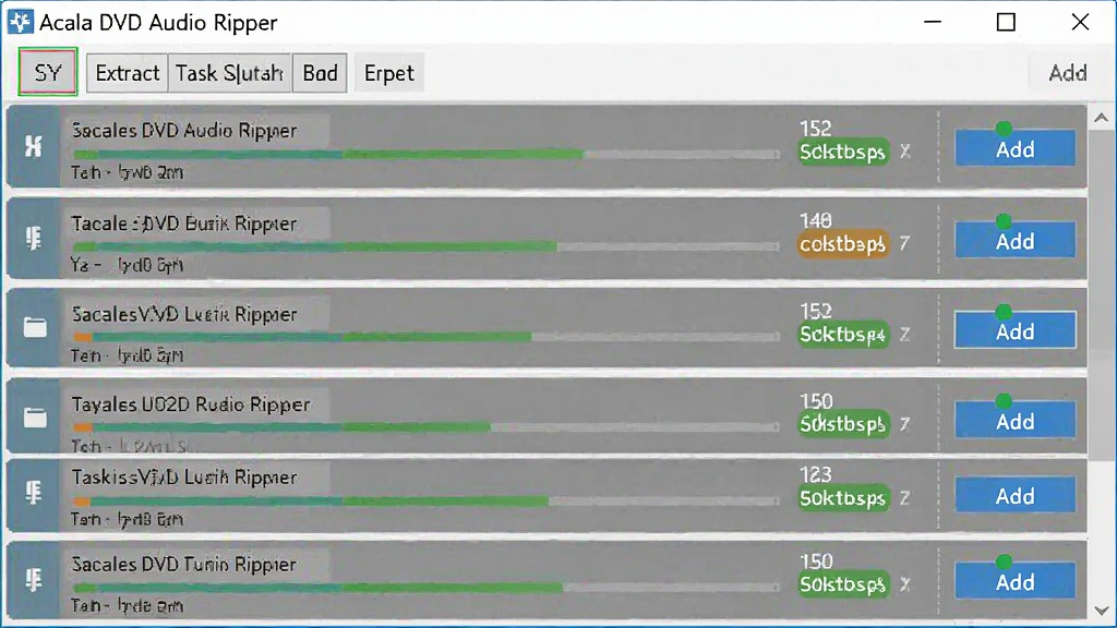 一张展示 Acala DVD Audio Ripper 批量提取任务队列的示意图,主体为软件界面中多个任务条目排列,布局为列表形式,排版有序,风格为效率工具界面风格,细节包括任务进度条、状态标签、添加按钮,画质清晰,干净,无多余元素。