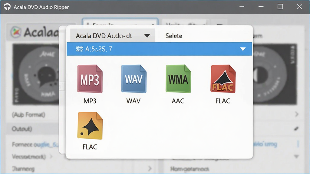 一张展示 Acala DVD Audio Ripper 多格式输出功能的示意图,主体为软件界面中音频格式选择下拉菜单,布局为居中面板,排版简洁,风格为扁平化UI设计,细节包括MP3、WAV、WMA、AAC、FLAC等格式图标,画质清晰,干净,无多余元素。