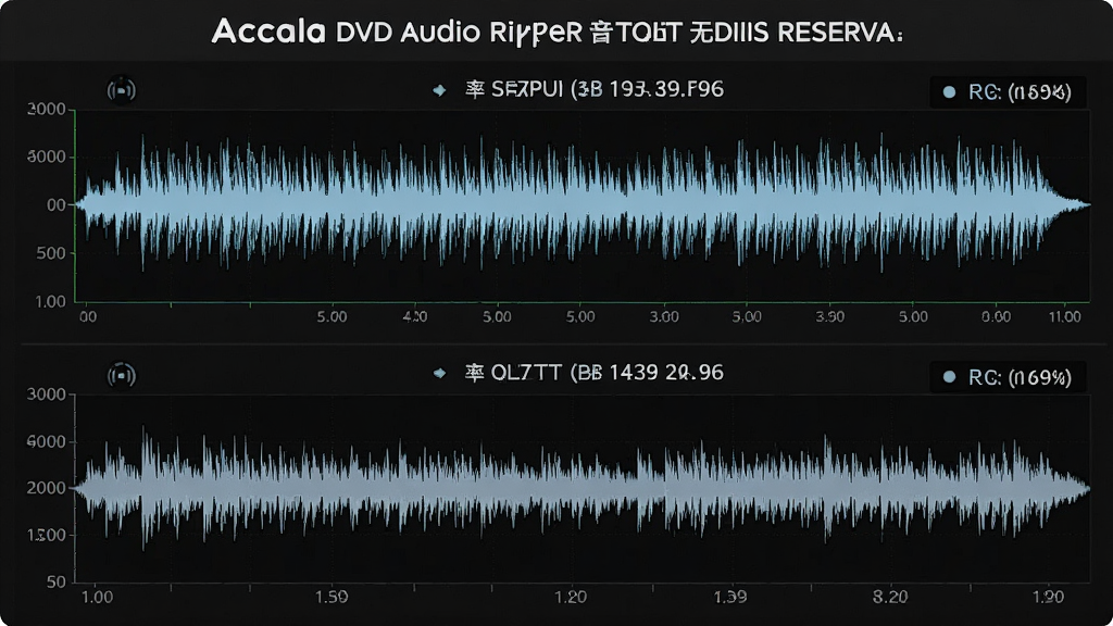 一张展示 Acala DVD Audio Ripper 音质无损保留技术的示意图,主体为音频波形对比图,布局为上下对比形式,排版清晰,风格为专业音频分析图,细节包括原始波形与输出波形、采样率数值、比特率标签,画质清晰,干净,无多余元素。