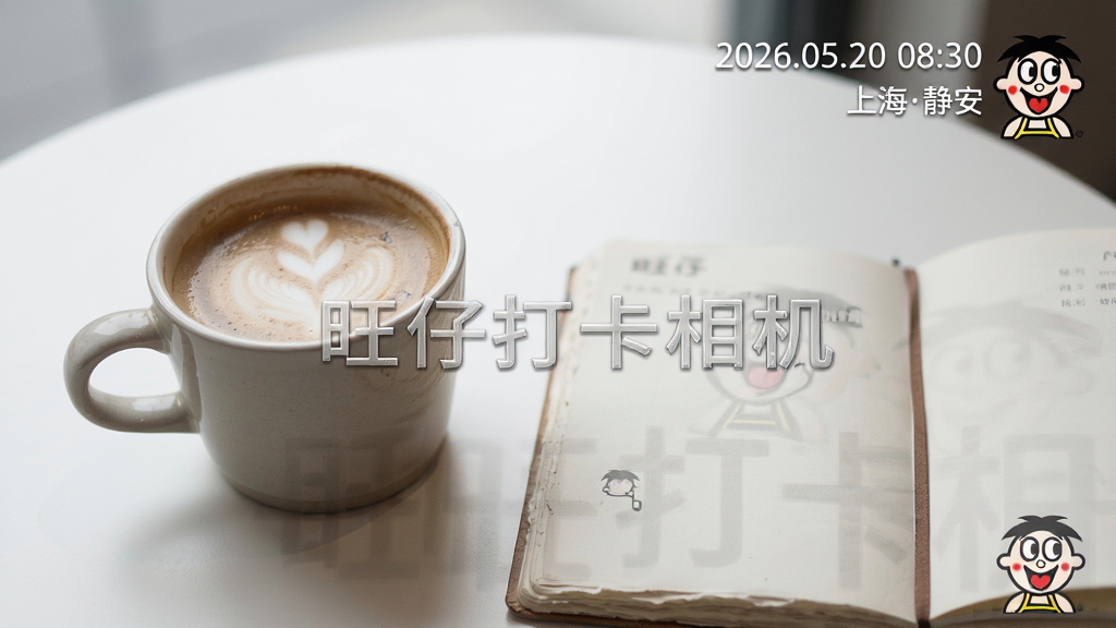 一张带有“旺仔打卡相机”水印的照片样例展示,照片中是一杯咖啡和一本笔记本,角落处有清晰的时间“2026.05.20 08:30”和地点“上海静安”水印,水印旁有一个小的旺仔头像图标。整体风格简约文艺,布局采用三分法构图,细节突出水印的精致排版,画质高清,背景干净。
